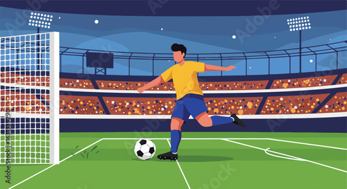 Soccer player kicks ball during game in a stadium full of spectators