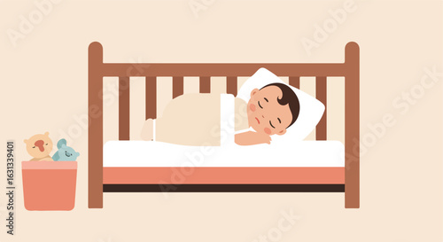 Infant asleep in crib next to toys; concept for nursery decor or baby products
