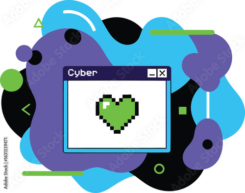Cyber love concept with a Y2K pixel heart in a retro user interface window.