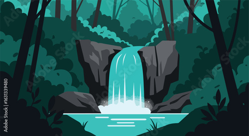 Waterfall cascades down rocks in deep forest; ideal for nature posters, web design