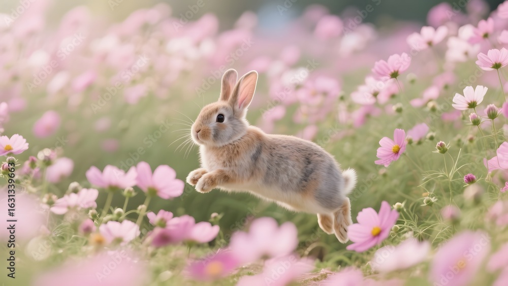 Fototapeta premium A fluffy rabbit leaps joyfully through a vibrant field of pink cosmos flowers.