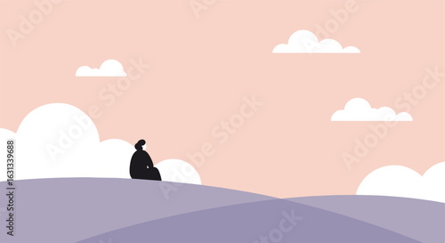 Figure is Sitting on Hill, Clouds on Sky, Pink Background, Solitude, Thinking, Meditating