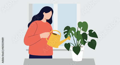 Lady Waters Monstera Plant Indoors by Window for Home Gardening Illustration