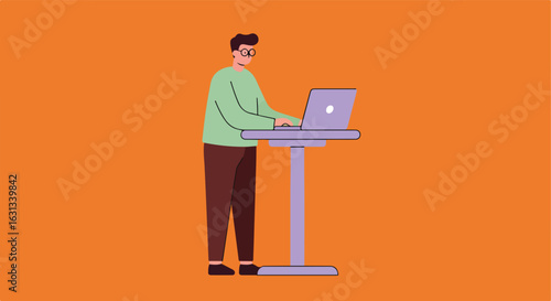 Person typing on laptop at standing desk for working comfortably on orange background