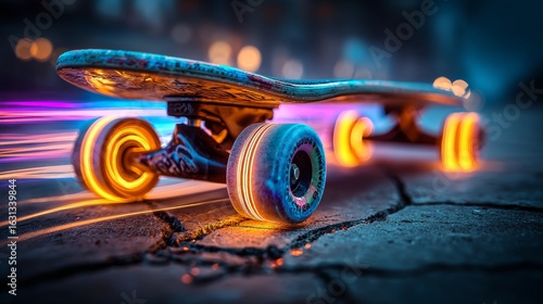 Neon-glow skateboard rolling over cracked pavement in motion blur