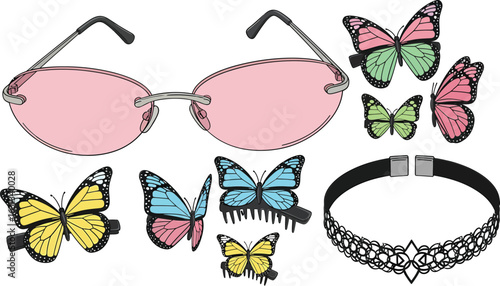 Vector illustration set of Y2K fashion accessories with butterfly clips, pink sunglasses, and chokers