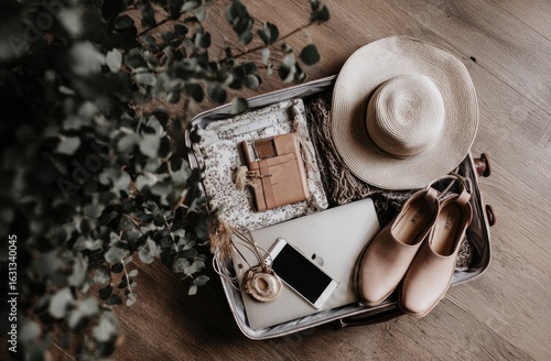 Open suitcase filled with travel essentials, plant in foreground