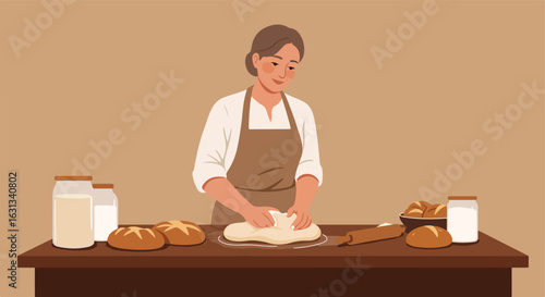 Woman kneads dough in kitchen, bread, milk. Food blog, recipe, homemade, bakery use