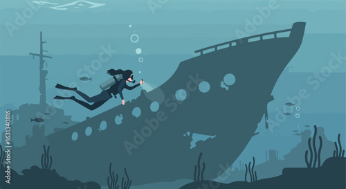 Diver exploring a shipwreck with fish swimming in the background. Sea adventure
