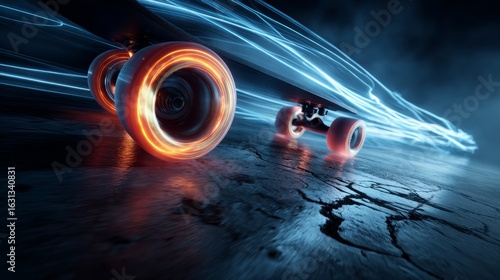 Neon-orange skateboard wheels glowing on cracked ground with blue light trails