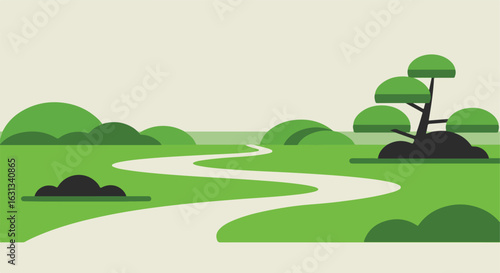 Serene green landscape scene, winding path, tree, hills in background, calm, use travel