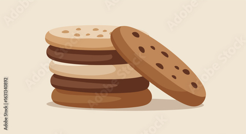 Stacked cookies and a leaning cookie on neutral backdrop. Food blog, dessert icon