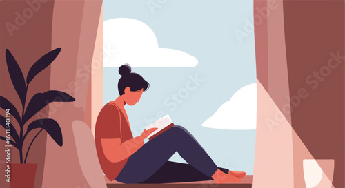 Woman reading, at window overlooking clouds, for illustration, design, & education