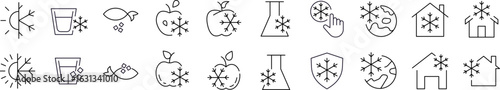 Cold and Frozen Line Icon Set. Lab Bulb, House, Planet, Apple, Fish Minimalistic Linear Pictogram for Web and Graphic Design, Apps, Banners, Social Network and Cards