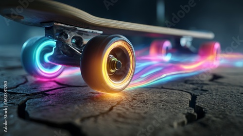 Neon-lit skateboard with glowing wheels rolling across cracked urban surface
