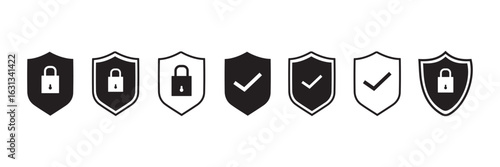 shield with lock icon. Set of security shield icons. Privacy secure sign vector.
