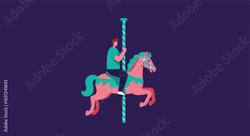 Ride Man riding carousel horse on purple background. Nostalgia, amusement use
