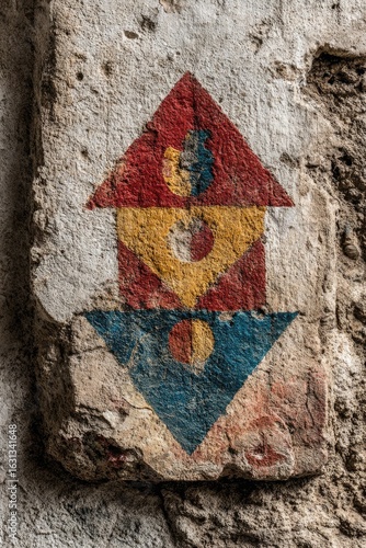 Weathered painted symbol on a rough stone wall
