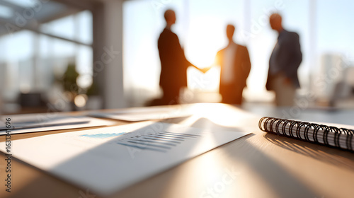 a blurred image of business meeting in modern office. The foreground has a desk with some document, while the background of business people is a silhouette