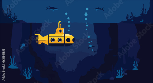 Yellow Submarine travels underwater in ocean. Fish, coral, and sharks are visible