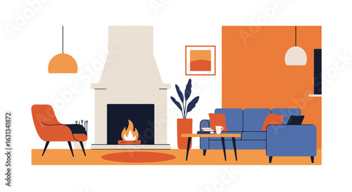 Cozy living room design with warm fireplace and seating arrangement, for relaxing
