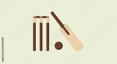 Isolated cricket set, ball, bat and wickets on light solid background for team sport