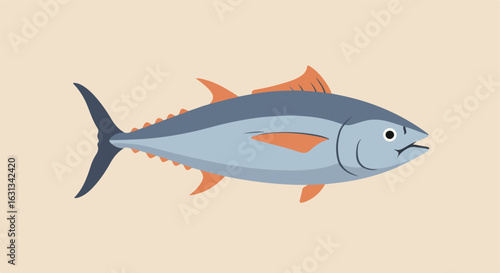 Cartoon tuna floating on light beige, useful for ocean life education