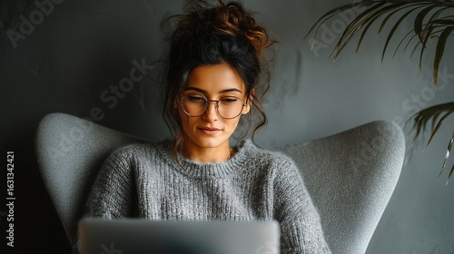 Focused Young Indian Woman Working on Laptop in Modern Home Office with Minimalist Design and Clean Background