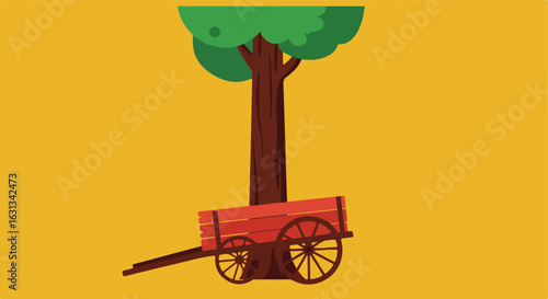 Rustic Cart Beneath a Tree in a Field. Concept for illustration, icon, design
