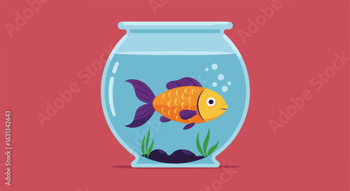 Cartoon goldfish swimming in a bowl with plants, on a red backdrop, for kids' content