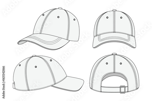 Set of four views of a white baseball cap, showing front, back, side, and angled perspectives with stitching and adjustable strap, isolated on white background, ideal for apparel mockups.