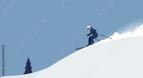Skiing downhill on snowy mountain, with a distant tree on a clear winter day