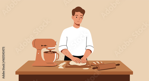 Man shaping dough at kitchen counter with mixer. Baking food prep lifestyle image