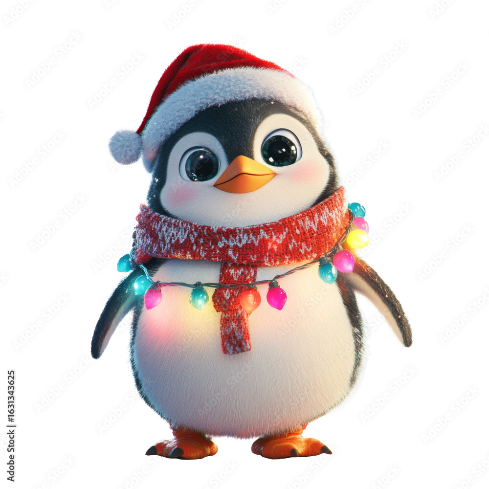 Fototapeta premium Penguin with Christmas lights on white background