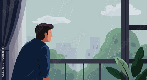 Person looks at city from balcony while it rains. Possible use Mental health