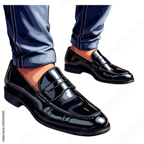 Vsai businessman wearing shiny black penny loafers and blue jeans