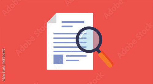 Document review with magnifying glass over red background for business research