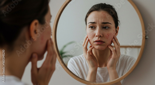 Young woman looking at her reflection with concern, checking facial acne and skin problems in bathroom mirror.