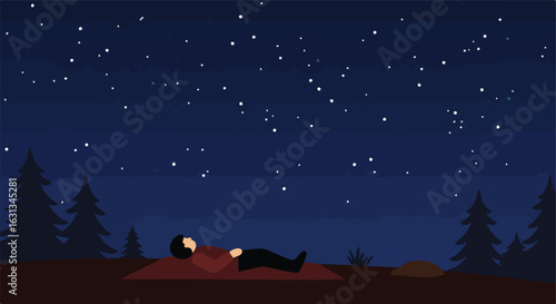Woman lying on ground stargazing in the forest with starry night background