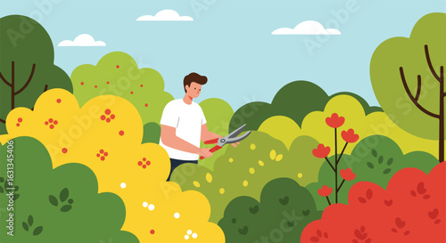 Gardener trimming bushes in a vibrant backyard garden on a bright day