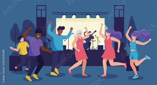 People dancing at open air concert, music band performing on stage. Event advertising