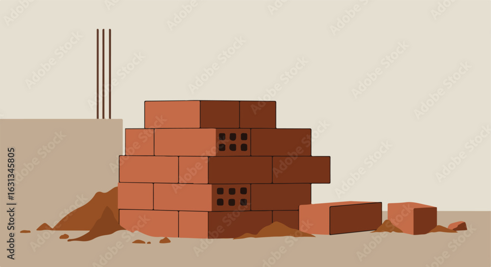 Obraz premium Stacking bricks by foundation; construction or demo background usage
