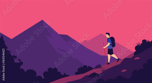 Vector hiker with backpack hikes up mountain trail as sun sets, for outdoors concept