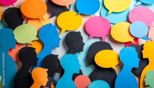 Colorful paper silhouettes of heads and speech bubbles