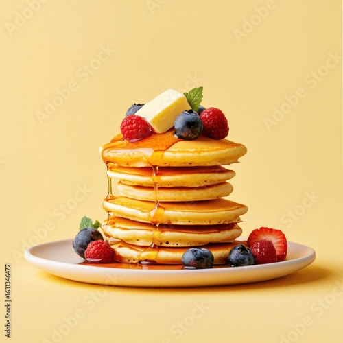 Stack of golden fluffy pancakes topped with fresh berries and melting butter served on a white plate with a pastel yellow background