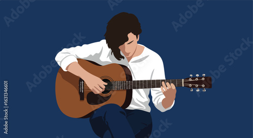 Man plays acoustic guitar against solid backdrop, music lesson/concert ads