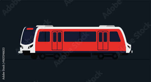 Red subway train moving on tracks against dark background for commuting designs