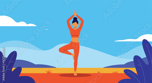 Person in tree pose, flat design. Sky and mountain background for wellness purpose