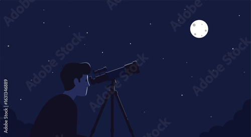 Man looks through telescope at night sky with stars and moon; Astronomy concept