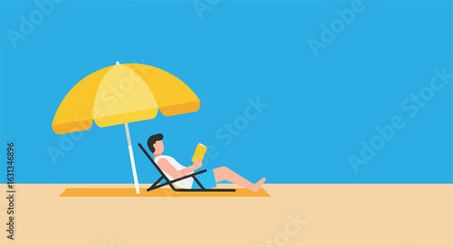 Reading man relaxing under umbrella in chair on beach with clear blue sky